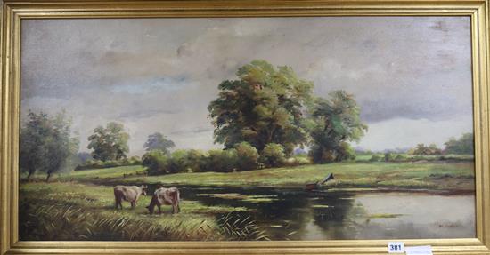 M. Parker, oil on canvas, cattle beside a river, signed, 45 x 90cm.